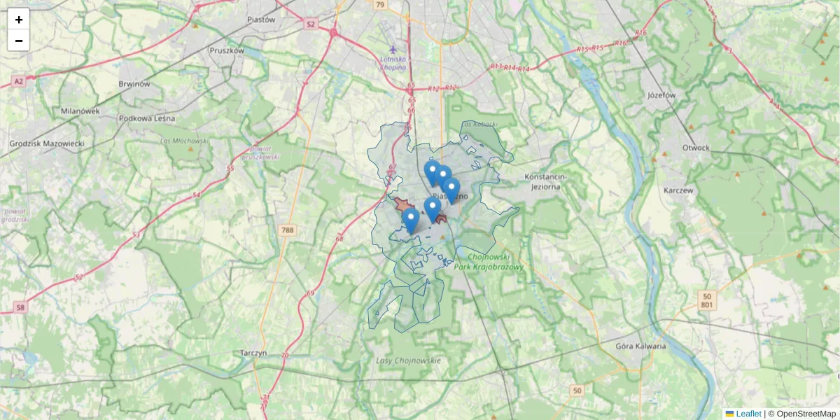 Szczegółowa mapa kodu pocztowego 05-501 z granicami, sąsiednimi kodami pocztowymi i urzędami pocztowymi