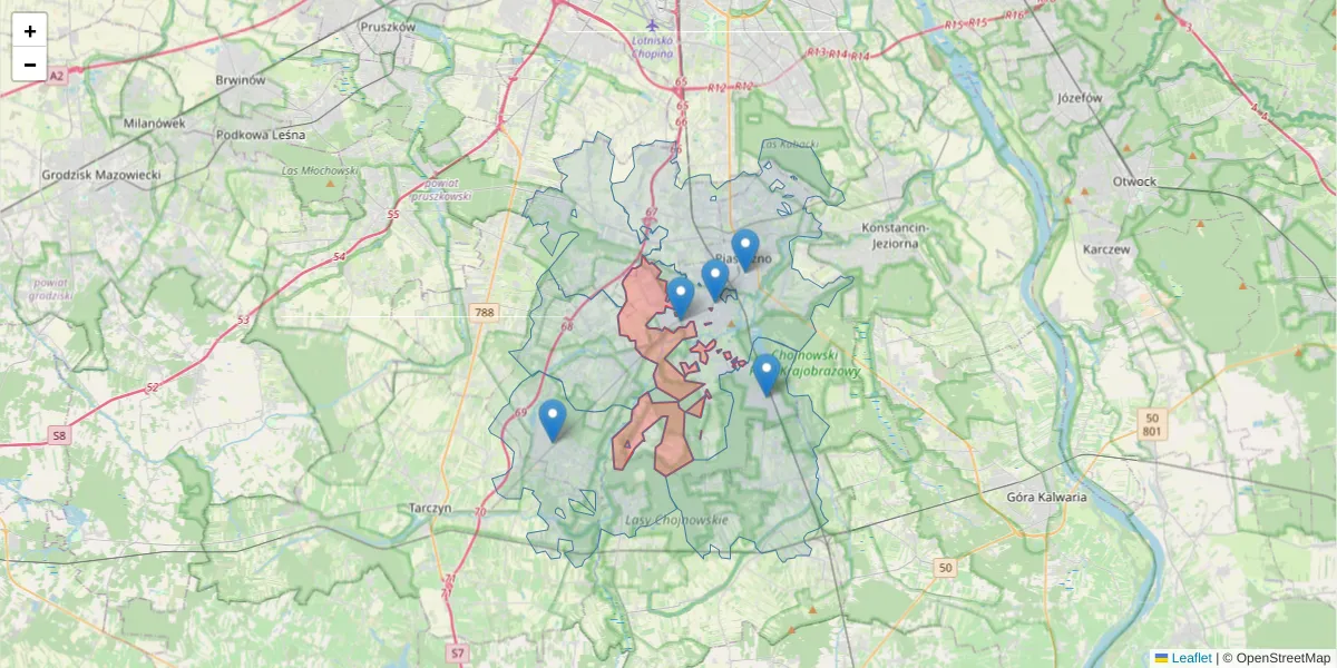 Szczegółowa mapa kodu pocztowego 05-502 z granicami, sąsiednimi kodami pocztowymi i urzędami pocztowymi