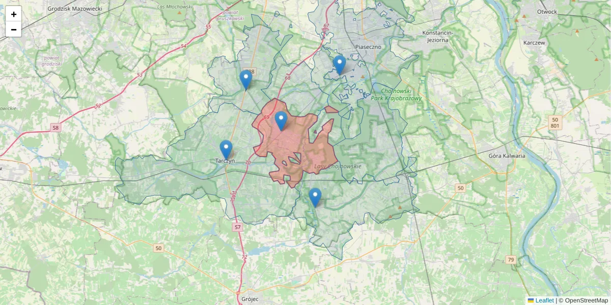 Szczegółowa mapa kodu pocztowego 05-504 z granicami, sąsiednimi kodami pocztowymi i urzędami pocztowymi