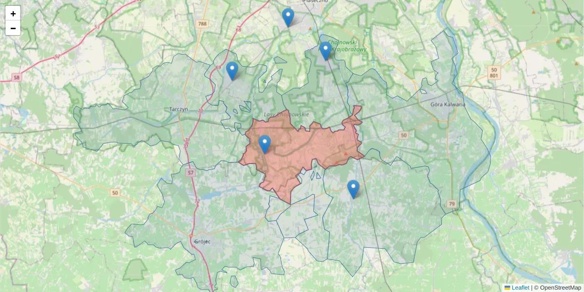 Szczegółowa mapa kodu pocztowego 05-505 z granicami, sąsiednimi kodami pocztowymi i urzędami pocztowymi