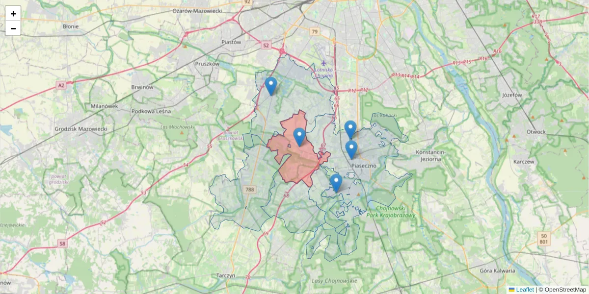 Szczegółowa mapa kodu pocztowego 05-506 z granicami, sąsiednimi kodami pocztowymi i urzędami pocztowymi