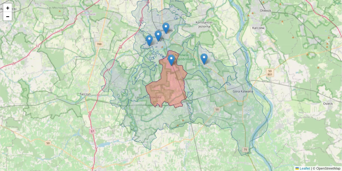Szczegółowa mapa kodu pocztowego 05-540 z granicami, sąsiednimi kodami pocztowymi i urzędami pocztowymi