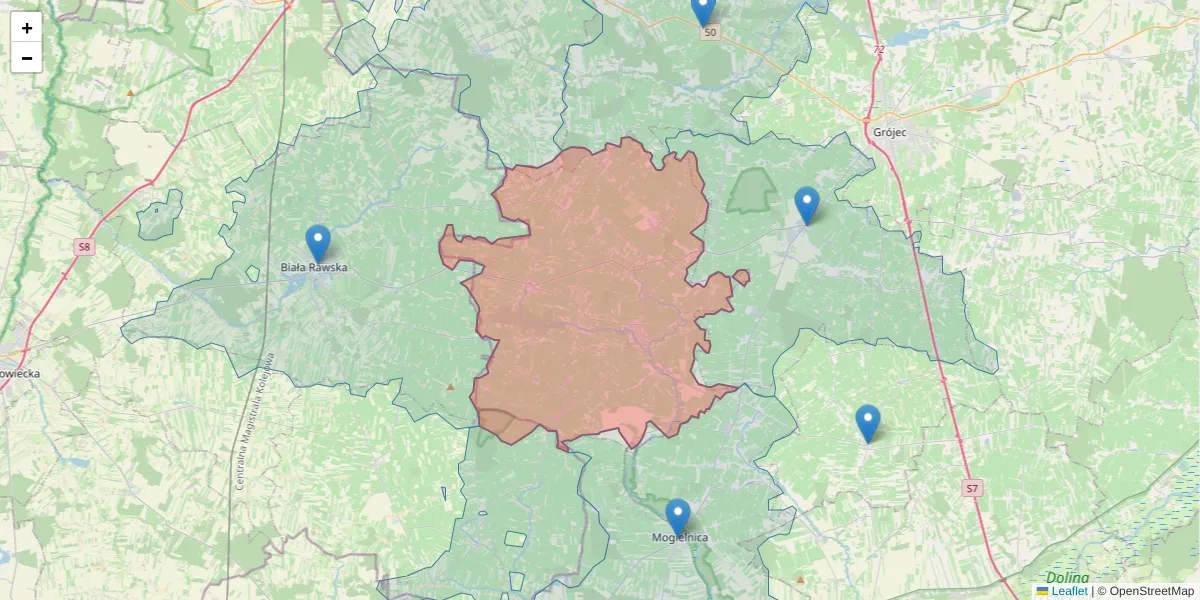 Szczegółowa mapa kodu pocztowego 05-620 z granicami, sąsiednimi kodami pocztowymi i urzędami pocztowymi