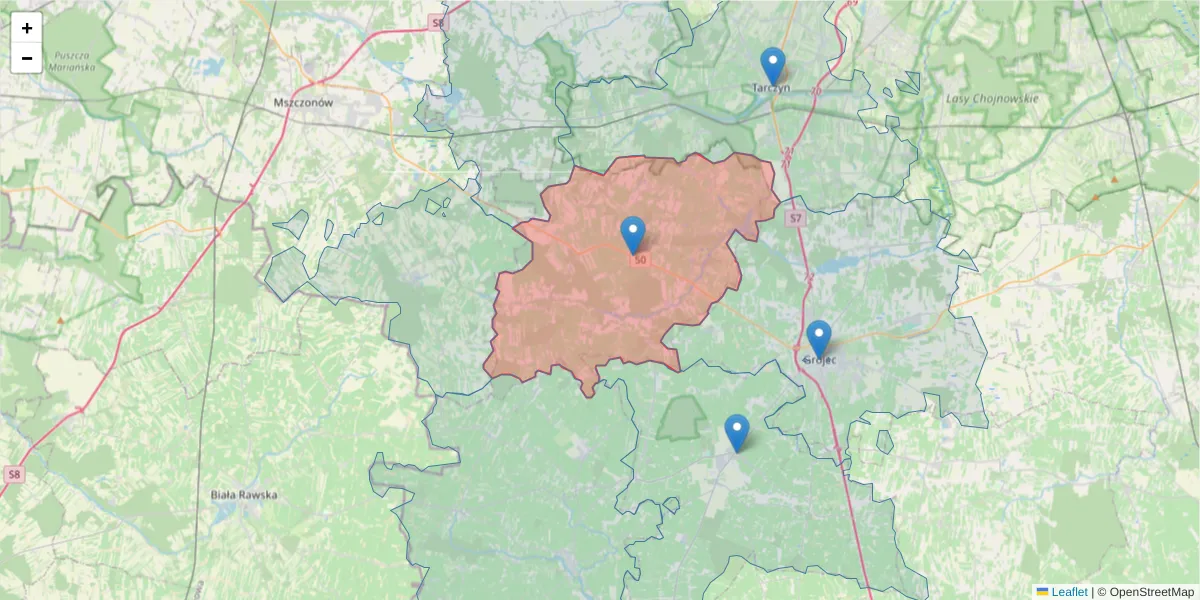 Szczegółowa mapa kodu pocztowego 05-652 z granicami, sąsiednimi kodami pocztowymi i urzędami pocztowymi