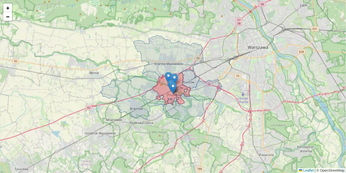 Szczegółowa mapa kodu pocztowego 05-800 z granicami, sąsiednimi kodami pocztowymi i urzędami pocztowymi