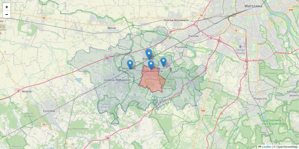 Szczegółowa mapa kodu pocztowego 05-807 z granicami, sąsiednimi kodami pocztowymi i urzędami pocztowymi