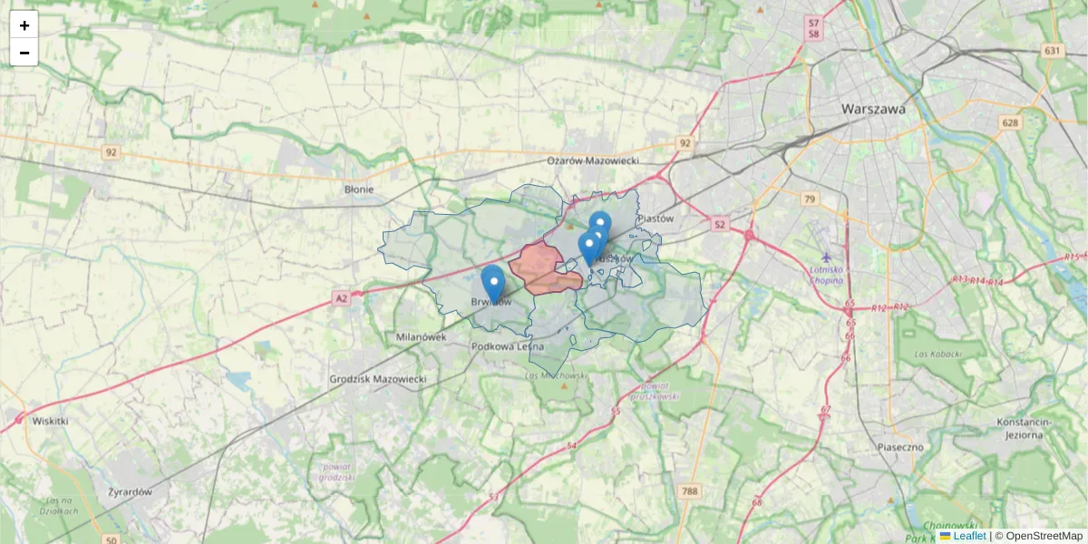 Szczegółowa mapa kodu pocztowego 05-808 z granicami, sąsiednimi kodami pocztowymi i urzędami pocztowymi