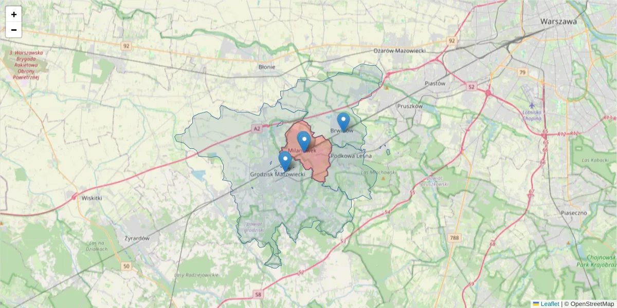 Szczegółowa mapa kodu pocztowego 05-822 z granicami, sąsiednimi kodami pocztowymi i urzędami pocztowymi