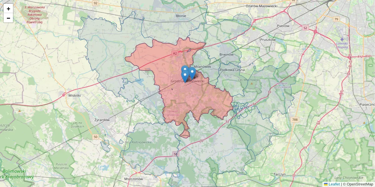 Szczegółowa mapa kodu pocztowego 05-825 z granicami, sąsiednimi kodami pocztowymi i urzędami pocztowymi