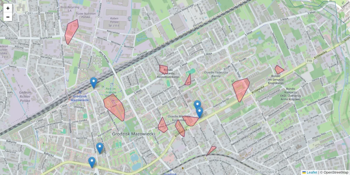 Szczegółowa mapa kodu pocztowego 05-827 z granicami, sąsiednimi kodami pocztowymi i urzędami pocztowymi