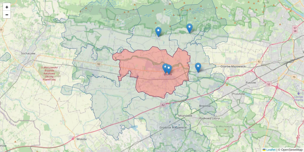 Szczegółowa mapa kodu pocztowego 05-870 z granicami, sąsiednimi kodami pocztowymi i urzędami pocztowymi