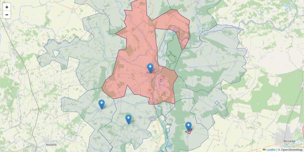 Szczegółowa mapa kodu pocztowego 06-100 z granicami, sąsiednimi kodami pocztowymi i urzędami pocztowymi