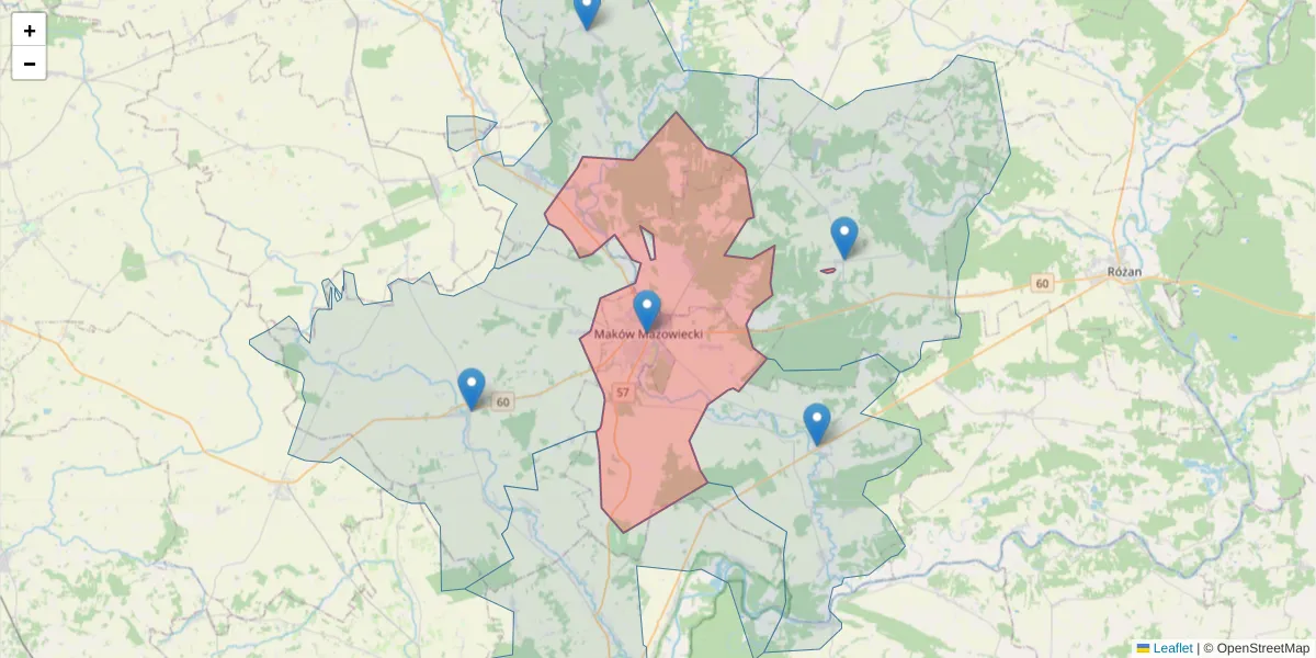 Szczegółowa mapa kodu pocztowego 06-200 z granicami, sąsiednimi kodami pocztowymi i urzędami pocztowymi