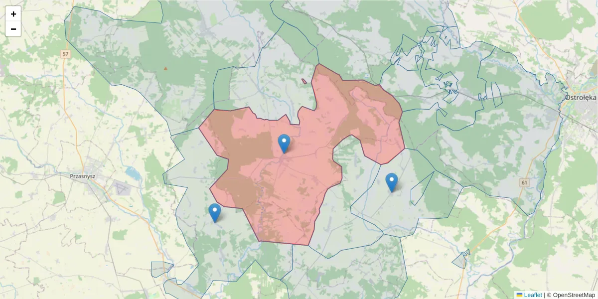 Szczegółowa mapa kodu pocztowego 06-212 z granicami, sąsiednimi kodami pocztowymi i urzędami pocztowymi