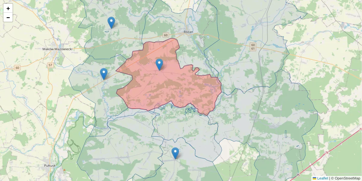 Szczegółowa mapa kodu pocztowego 06-225 z granicami, sąsiednimi kodami pocztowymi i urzędami pocztowymi