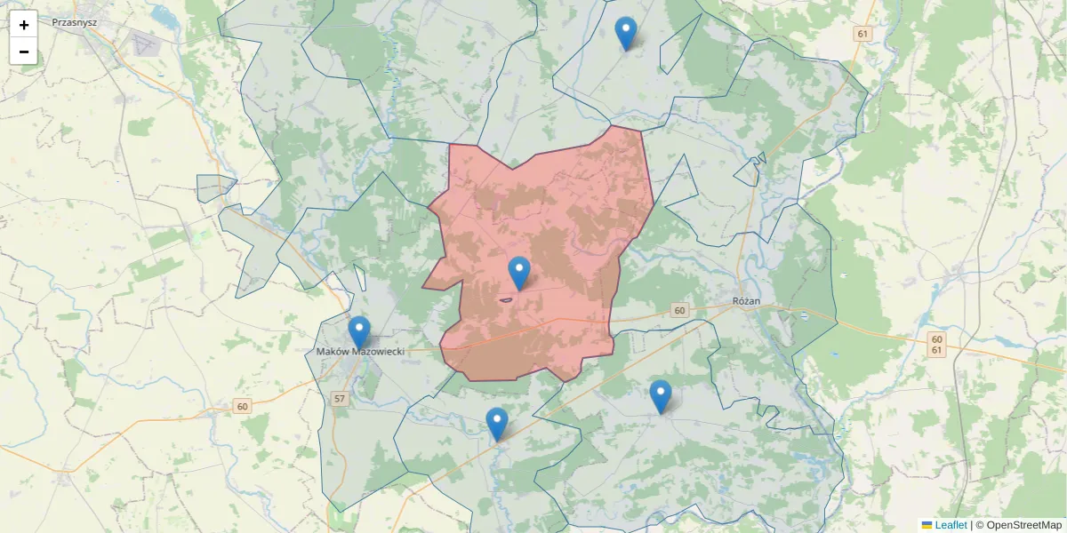 Szczegółowa mapa kodu pocztowego 06-232 z granicami, sąsiednimi kodami pocztowymi i urzędami pocztowymi