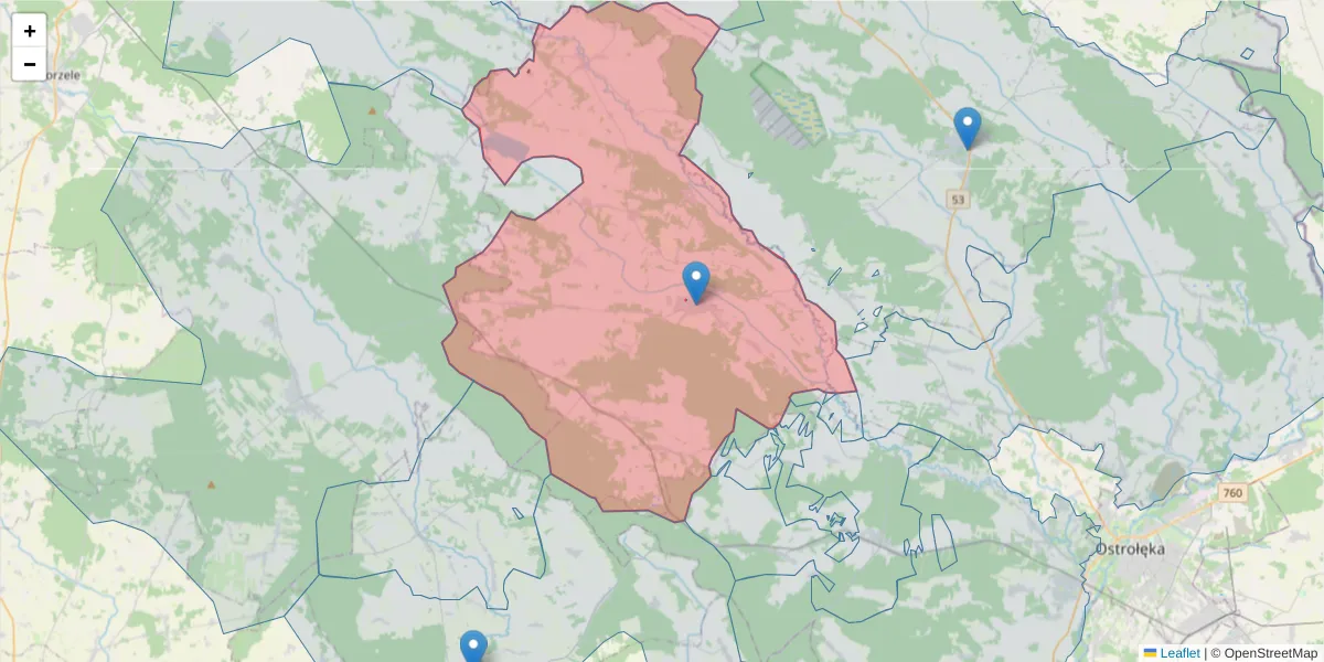 Szczegółowa mapa kodu pocztowego 06-320 z granicami, sąsiednimi kodami pocztowymi i urzędami pocztowymi