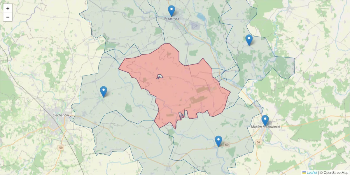 Szczegółowa mapa kodu pocztowego 06-408 z granicami, sąsiednimi kodami pocztowymi i urzędami pocztowymi