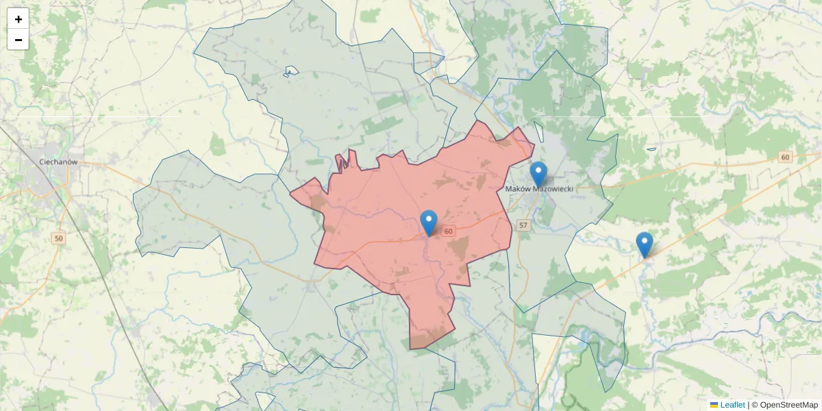 Szczegółowa mapa kodu pocztowego 06-425 z granicami, sąsiednimi kodami pocztowymi i urzędami pocztowymi