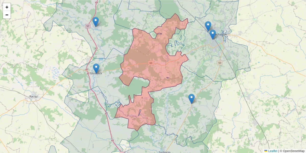 Szczegółowa mapa kodu pocztowego 06-452 z granicami, sąsiednimi kodami pocztowymi i urzędami pocztowymi