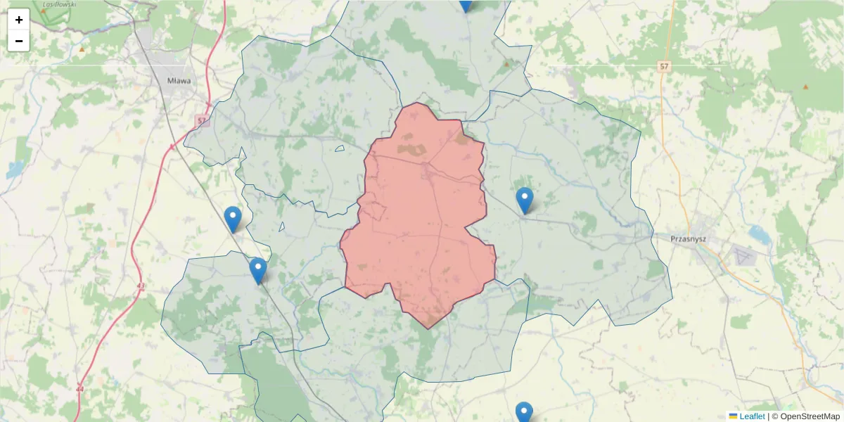 Szczegółowa mapa kodu pocztowego 06-460 z granicami, sąsiednimi kodami pocztowymi i urzędami pocztowymi