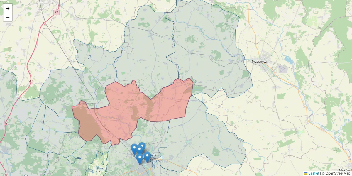 Szczegółowa mapa kodu pocztowego 06-461 z granicami, sąsiednimi kodami pocztowymi i urzędami pocztowymi