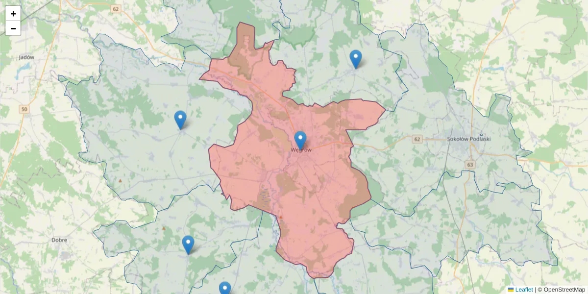 Szczegółowa mapa kodu pocztowego 07-100 z granicami, sąsiednimi kodami pocztowymi i urzędami pocztowymi
