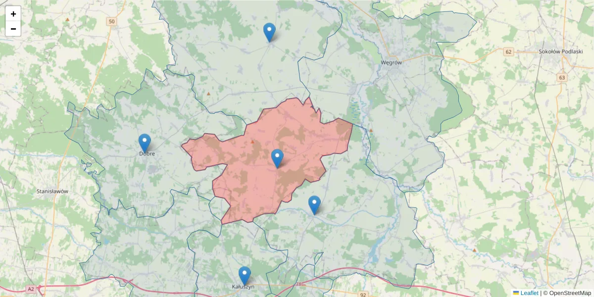 Szczegółowa mapa kodu pocztowego 07-111 z granicami, sąsiednimi kodami pocztowymi i urzędami pocztowymi