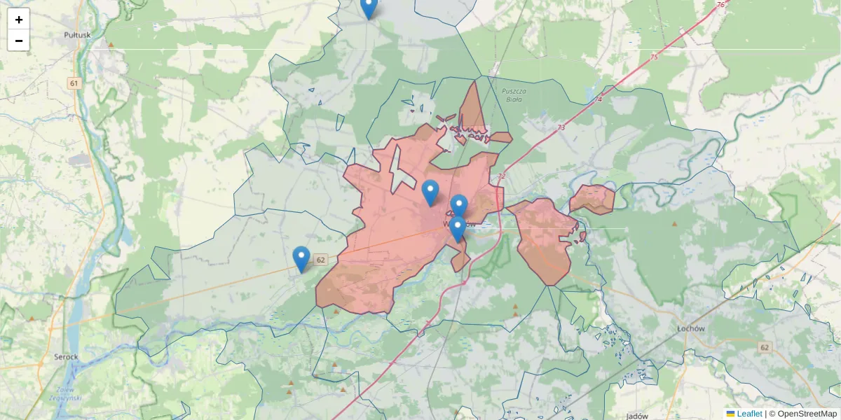 Szczegółowa mapa kodu pocztowego 07-200 z granicami, sąsiednimi kodami pocztowymi i urzędami pocztowymi