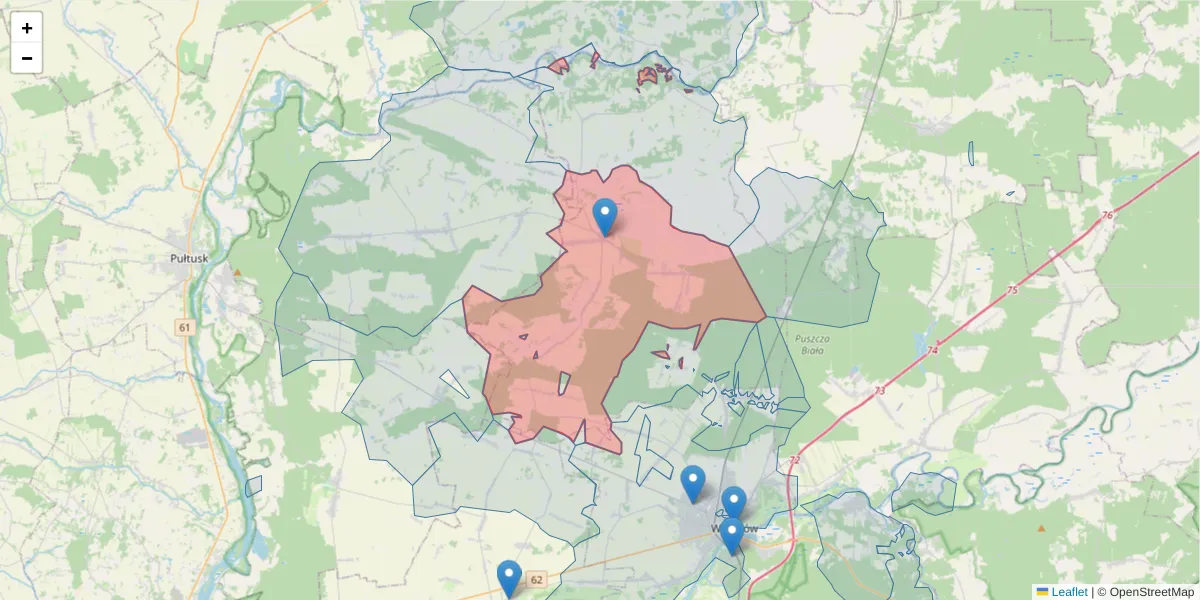 Szczegółowa mapa kodu pocztowego 07-205 z granicami, sąsiednimi kodami pocztowymi i urzędami pocztowymi