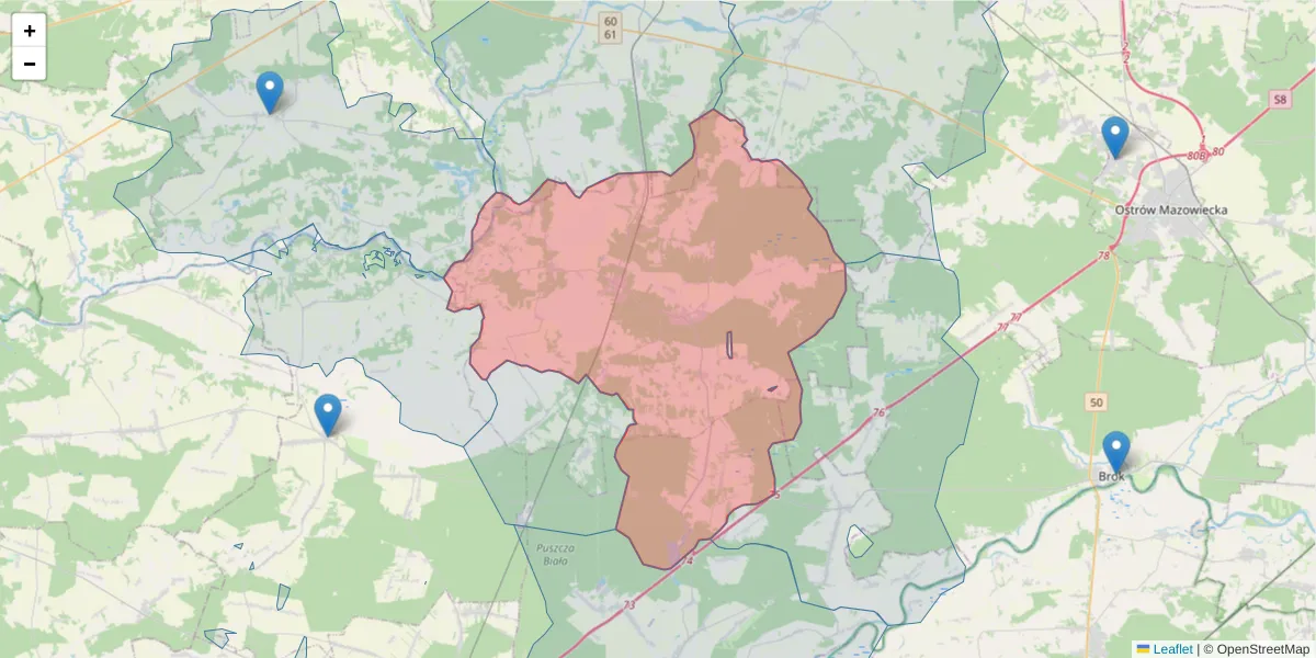 Szczegółowa mapa kodu pocztowego 07-210 z granicami, sąsiednimi kodami pocztowymi i urzędami pocztowymi
