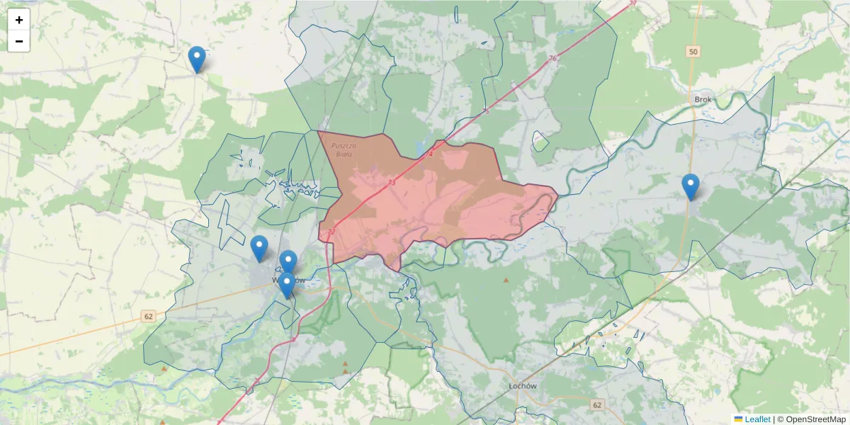 Szczegółowa mapa kodu pocztowego 07-221 z granicami, sąsiednimi kodami pocztowymi i urzędami pocztowymi