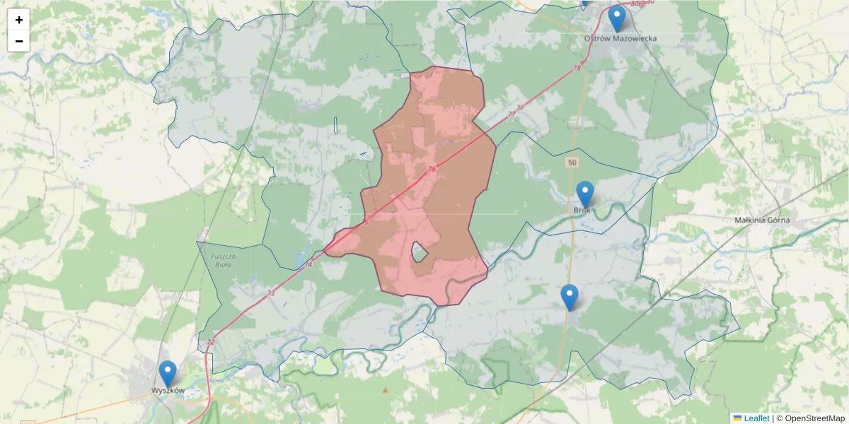 Szczegółowa mapa kodu pocztowego 07-308 z granicami, sąsiednimi kodami pocztowymi i urzędami pocztowymi
