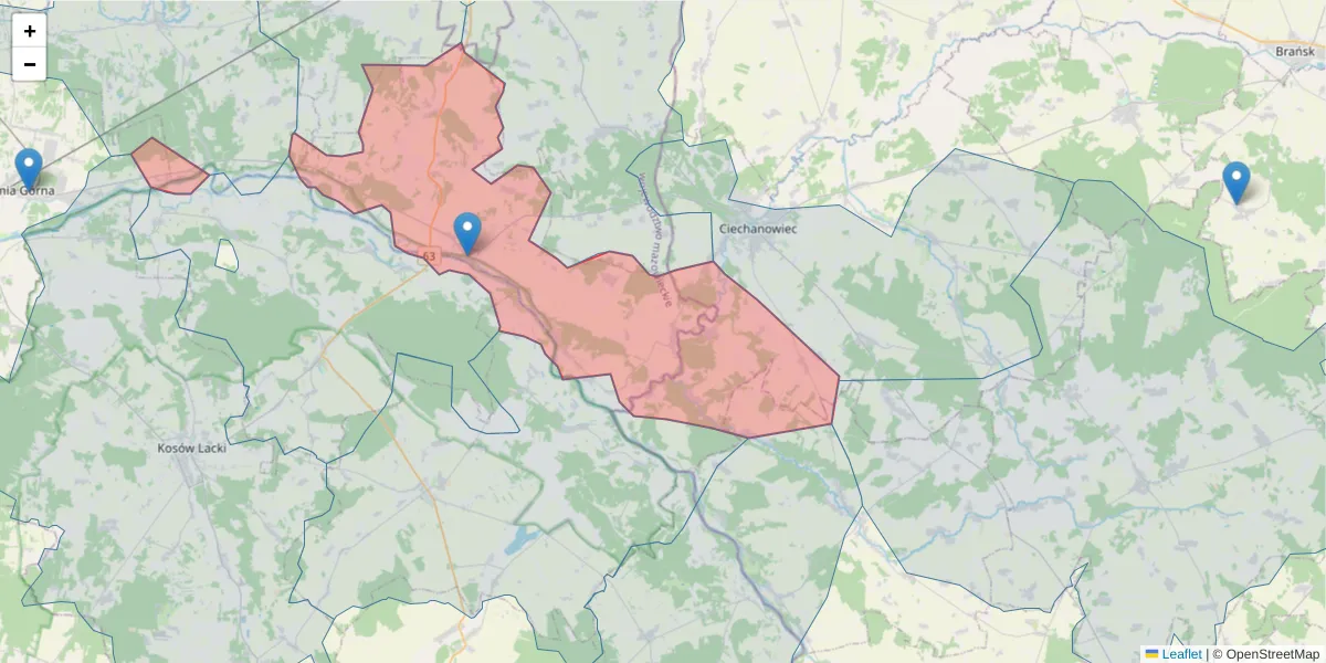 Szczegółowa mapa kodu pocztowego 07-322 z granicami, sąsiednimi kodami pocztowymi i urzędami pocztowymi