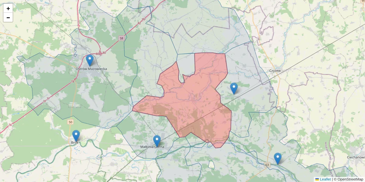 Szczegółowa mapa kodu pocztowego 07-323 z granicami, sąsiednimi kodami pocztowymi i urzędami pocztowymi