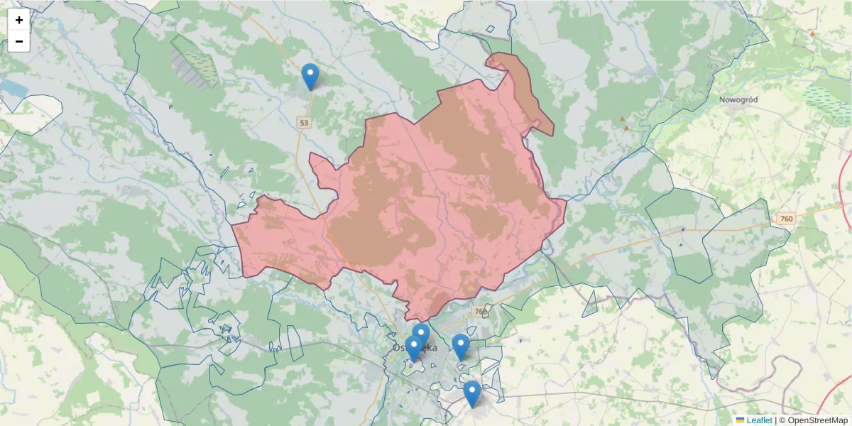 Szczegółowa mapa kodu pocztowego 07-402 z granicami, sąsiednimi kodami pocztowymi i urzędami pocztowymi