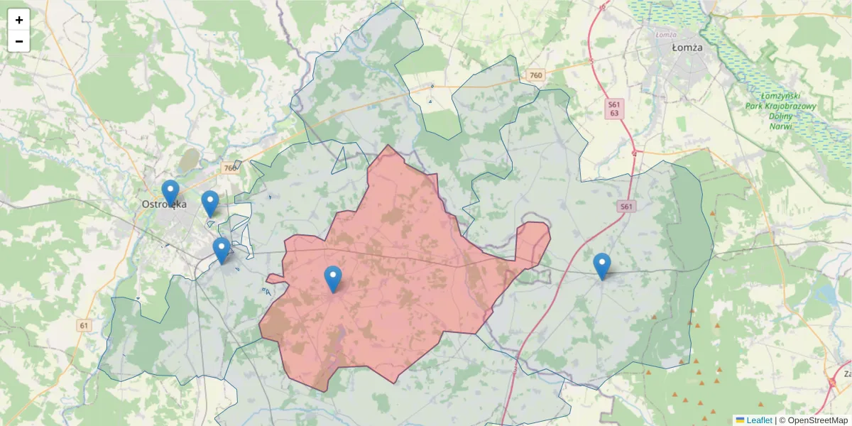 Szczegółowa mapa kodu pocztowego 07-405 z granicami, sąsiednimi kodami pocztowymi i urzędami pocztowymi