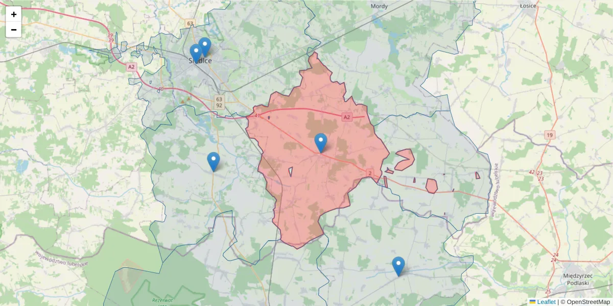 Szczegółowa mapa kodu pocztowego 08-106 z granicami, sąsiednimi kodami pocztowymi i urzędami pocztowymi