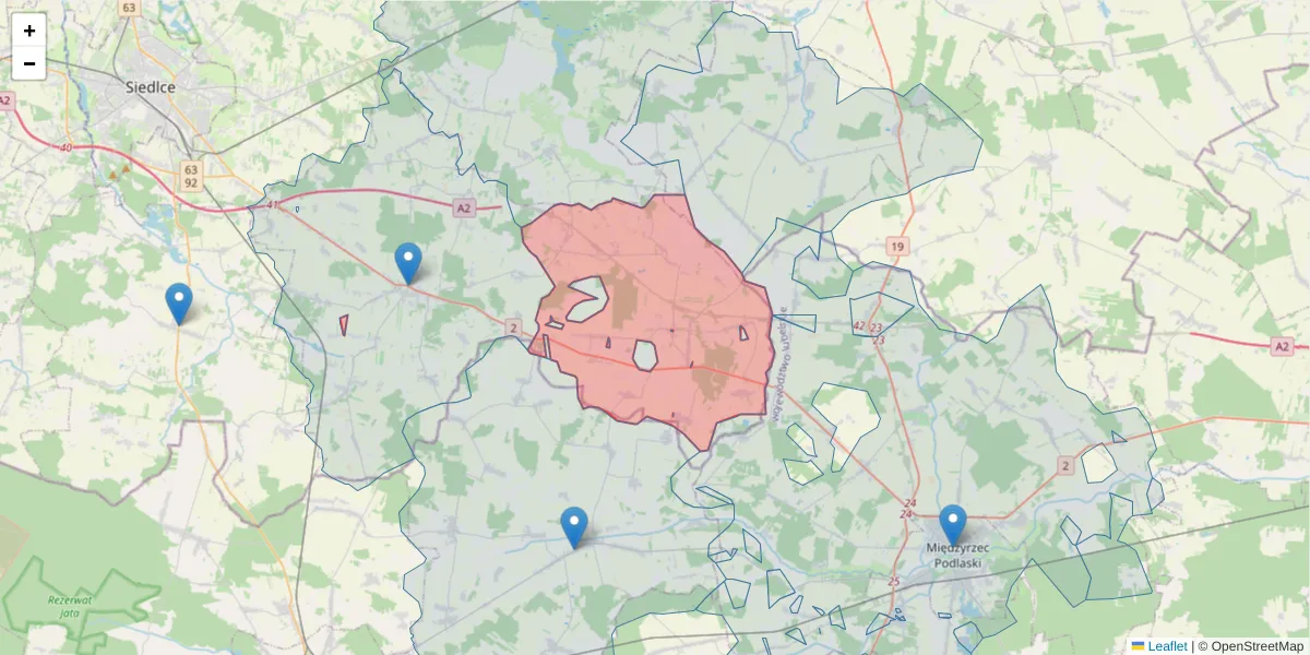 Szczegółowa mapa kodu pocztowego 08-111 z granicami, sąsiednimi kodami pocztowymi i urzędami pocztowymi