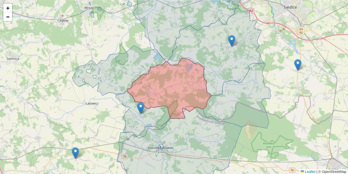 Szczegółowa mapa kodu pocztowego 08-117 z granicami, sąsiednimi kodami pocztowymi i urzędami pocztowymi