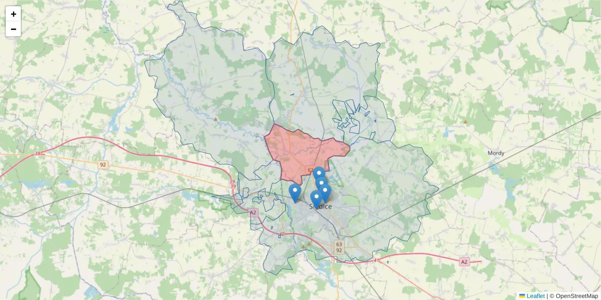 Szczegółowa mapa kodu pocztowego 08-119 z granicami, sąsiednimi kodami pocztowymi i urzędami pocztowymi