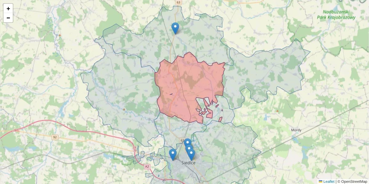 Szczegółowa mapa kodu pocztowego 08-125 z granicami, sąsiednimi kodami pocztowymi i urzędami pocztowymi