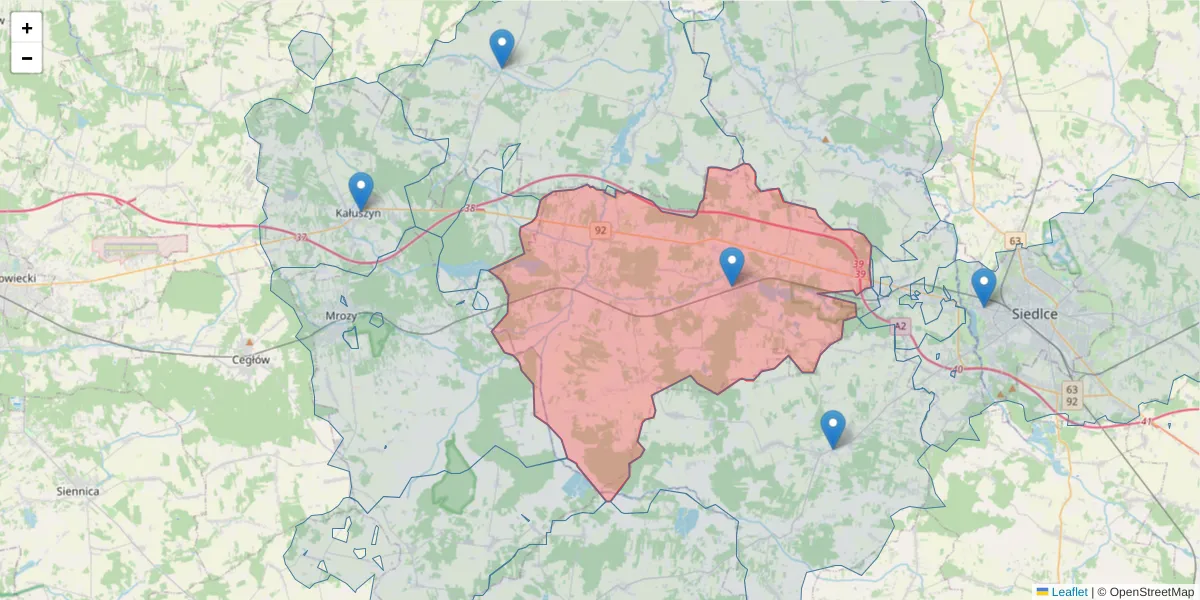 Szczegółowa mapa kodu pocztowego 08-130 z granicami, sąsiednimi kodami pocztowymi i urzędami pocztowymi