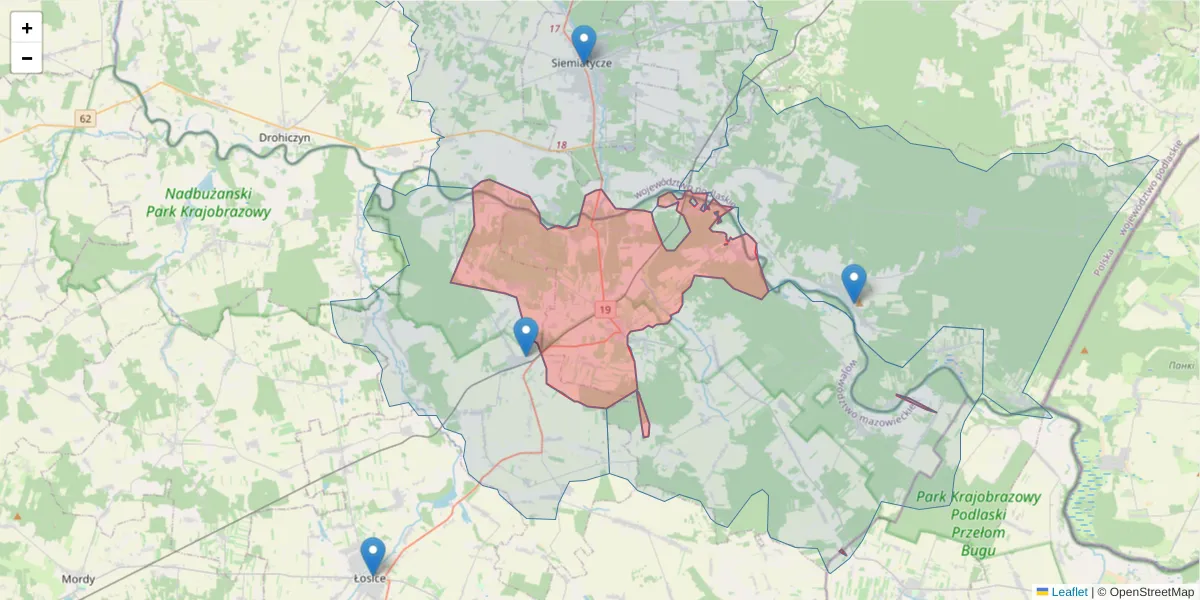 Szczegółowa mapa kodu pocztowego 08-220 z granicami, sąsiednimi kodami pocztowymi i urzędami pocztowymi