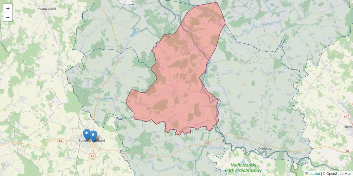 Szczegółowa mapa kodu pocztowego 08-304 z granicami, sąsiednimi kodami pocztowymi i urzędami pocztowymi