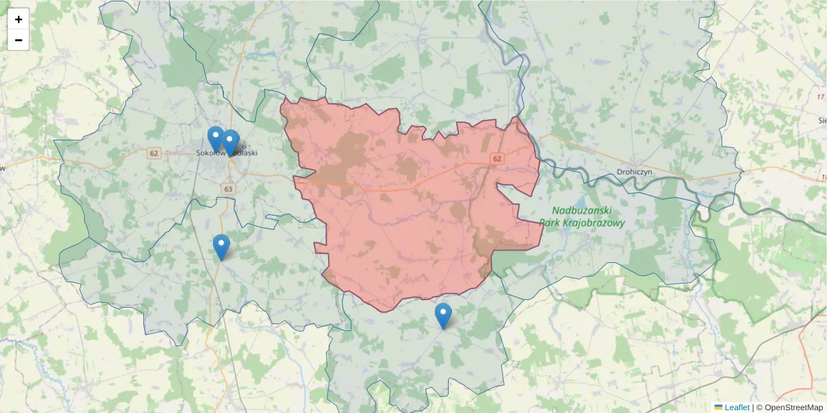Szczegółowa mapa kodu pocztowego 08-307 z granicami, sąsiednimi kodami pocztowymi i urzędami pocztowymi