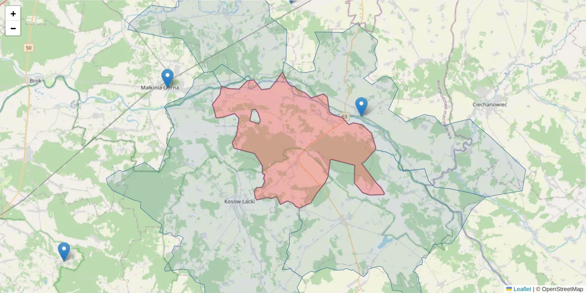 Szczegółowa mapa kodu pocztowego 08-322 z granicami, sąsiednimi kodami pocztowymi i urzędami pocztowymi