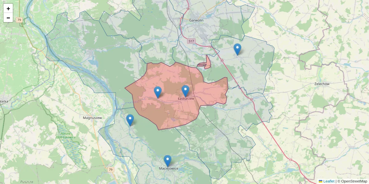 Szczegółowa mapa kodu pocztowego 08-450 z granicami, sąsiednimi kodami pocztowymi i urzędami pocztowymi
