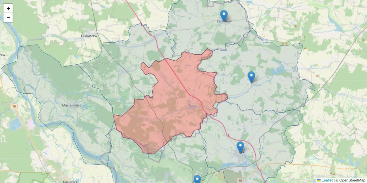 Szczegółowa mapa kodu pocztowego 08-455 z granicami, sąsiednimi kodami pocztowymi i urzędami pocztowymi