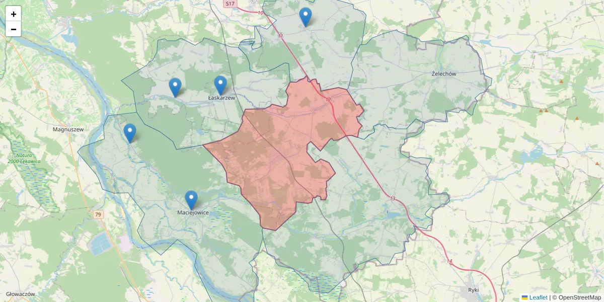 Szczegółowa mapa kodu pocztowego 08-460 z granicami, sąsiednimi kodami pocztowymi i urzędami pocztowymi
